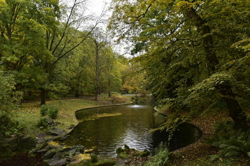 Fototapeta na wymiar Etang avec fontaine au milieu de la végétation luxuriante en automne au parc Josaphat à Schaerbeek