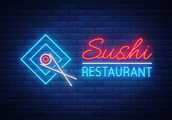 Vector neon sign logo Sushi bar, Asian fast-food street in a bar or shop, sushi, Onigiri with a salmon roll with chopsticks, isolated. Night Sashi's bright, luminous advertising, neon bobbler seafood