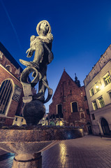 Mounument and st Barbara's church in Krakow, illuminated in the night, Poland