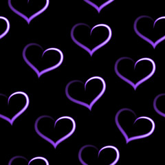 Purple hearts fading, seamless pattern, black vector background.