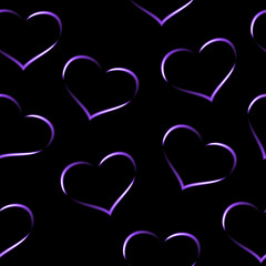 Purple neon hearts, seamless vector background.