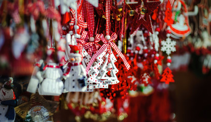 Traditional Christmas market with handmade souvenirs, Strasbourg, Alsace, France - obrazy, fototapety, plakaty