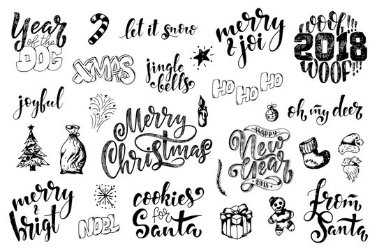 Vintage Merry Christmas And Happy New Year Calligraphic And Typographic Phrases. Hand drawn lettering quote and christmas elements