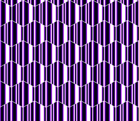 Purple, pink, white and black striped hexagons, honeycomb seamless pattern, modern vector background.