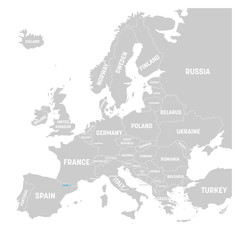 Fototapeta premium Andorra marked by blue in grey political map of Europe. Vector illustration.