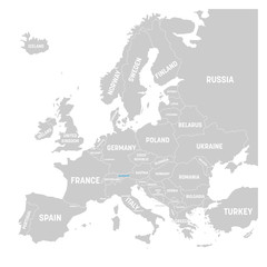 Liechtenstein marked by blue in grey political map of Europe. Vector illustration.