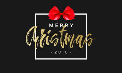 Merry Christmas with red bow in frame. Luxury black and golden color background. Premium vector illustration with typographic text for winter holidays card poster, flyer or banner template