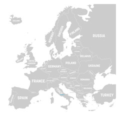 Vatican City marked by blue in grey political map of Europe. Vector illustration.