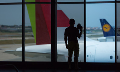 LISBON, PORTUGAL: Silhouetted lisbon airport terminal views