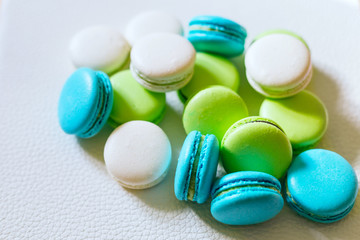 Variety of colorful french sweet dessert macaron macaroons with