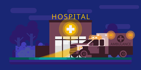Obraz premium Hospital facade and ambulance car vector flat. Several fashionable colors.