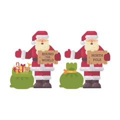 Santa Claus hitchhiking on Christmas night. Holiday character flat illustration