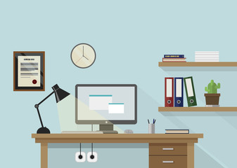 Flat vector workplace illustration with monitor, lamp, shelves with books and plant and clock on wall
