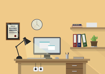 Flat vector workplace illustration with monitor, lamp, shelves with books and plant and clock on wall