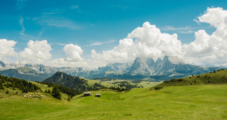 Fototapeta na wymiar Panorama grassland with cabins on Alpe di Siusi in the Dolomites