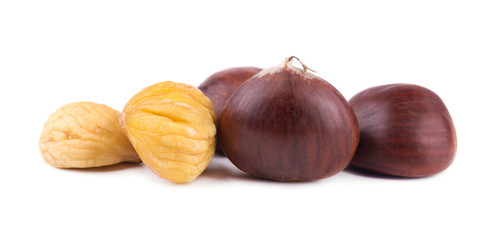 Fresh chestnuts with peeled roasted chestnut isolated on white background. Hippocastanum isolated. Isolated chestnut set with clipping path