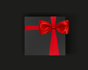 Blank, black gift box with red ribbon and bow. Vector mock up box