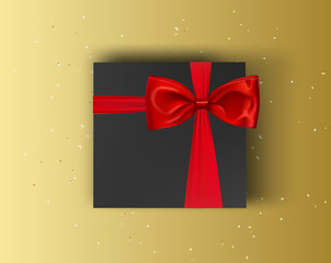 Blank, black gift box with red ribbon and bow on gold background. Vector mock up box