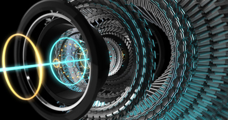 3D Illustration of Future technology, security concept background. Mechanical, Robotic gears, mecha core. Graphic Resource © Quardia Inc.