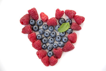 Frame Shape Heart Organic Raspberries Blueberries Green Leaf Mint Isolated White Background Top View