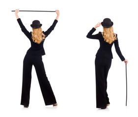 Girl in classic male suit isolated on white