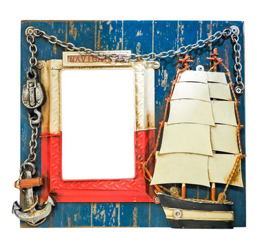 Thematic blue nautical photo frame for sailor. Lighthouse, anchor, chain, sailing ship. Word Navigation on the frame