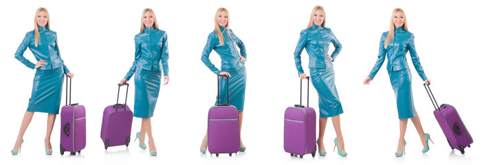 Woman preparing for vacation with suitcase on white