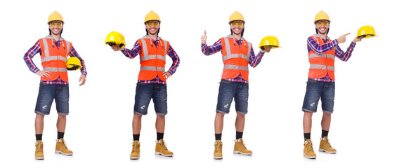 Young construction worker in helmet and briefs isolted on white