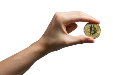 Cryptocurrency golden bitcoin coin. Isolated on white. Hand holding symbol of crypto currency - electronic virtual money for web banking and international network payment. Selective focus