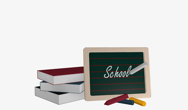 Schiefertafel mit dem Text Schule, einem Bücherstapel und bunter Kreide