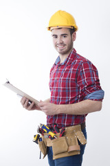 mason or construction worker isolated in white background, builder
