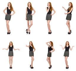 Fototapeta premium Red hair girl in gray dress isolated on white