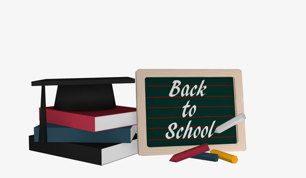 Schiefertafel mit dem Text Back to School und einem Bücherstapel auf dem ein Highshool-Hut liegt.