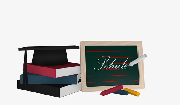 Schiefertafel mit dem Text Schule in deutsch und einem Bücherstapel auf dem ein Highshool-Hut liegt.
