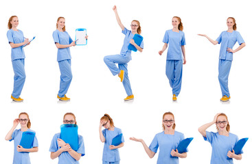 Pretty dancing  doctor  in blue uniform with documents  isolated