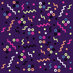 Fototapeta na wymiar Abstract geometric cheerful pattern in Memphis style. Dark background with different confetti shapes