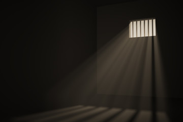 Naklejka premium Empty prison cell. Light rays shining through window in jail. 3D rendered illustration.