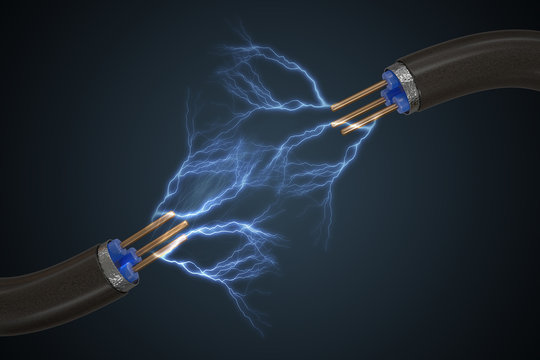 High voltage concept. Electricity sparkles from cable. 3D rendered illustration.