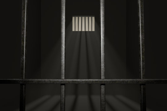 Empty prison cell. Light rays shining through window in jail. 3D rendered illustration.