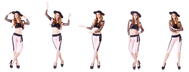 Dancing redhead woman toreador isolated on white