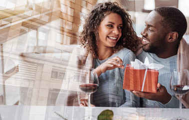 Eye catching smile. Young adorable couple looking at each other while holding a present in hands and expressing happiness