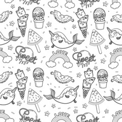 Abstract seamless ice cream pattern for girls or boys. Creative vector background with ice cream, cute eyes, cactus, stars, rainbow. Funny wallpaper for textile and fabric. Fashion ice cream style. © mamenkoaleks