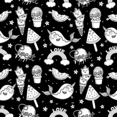 Abstract seamless ice cream pattern for girls or boys. Creative vector background with ice cream, cute eyes, cactus, stars, rainbow. Funny wallpaper for textile and fabric. Fashion ice cream style. © mamenkoaleks