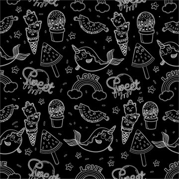 Abstract seamless ice cream pattern for girls or boys. Creative vector background with ice cream, cute eyes, cactus, stars, rainbow. Funny wallpaper for textile and fabric. Fashion ice cream style.