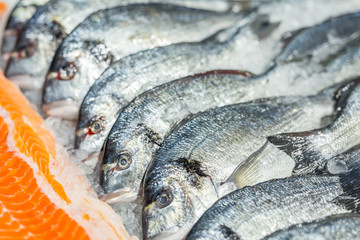 Fresh raw dorado fish and red salmon fillet laying on ice at food market or supermarket . food store