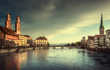 Zurich city center with famous Fraumunster, Grossmunster and St. Peter and river Limmat, Switzerland