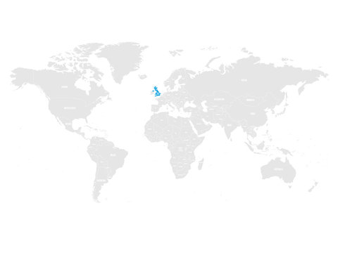 United Kingdom of Great Britain and Northern Ireland marked by blue in grey World political map. Vector illustration.