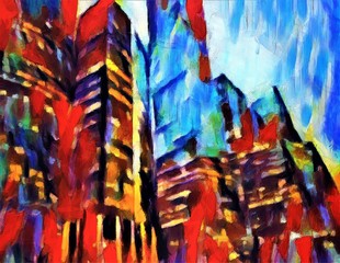 Colorful skyscrapers with glowing windows in the evening. Large size modern wall art oil painting on canvas. Color mixed abstract impressionism artwork.