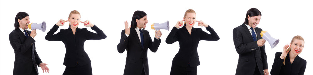 Businessman and businesswoman with megaphone isolated on white