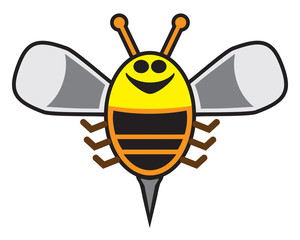 Happy cartoon bee is grinning and soaring into the sky